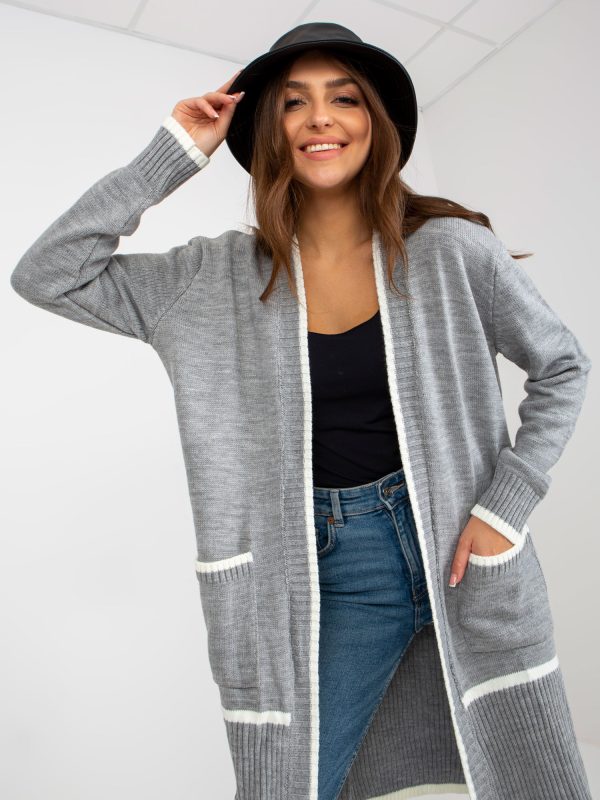 Wholesale Grey Ecru long cardigan with pockets RUE PARIS