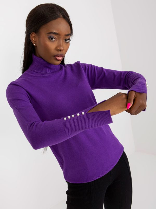 Wholesale Dark purple sweater with turtleneck and applique on sleeves