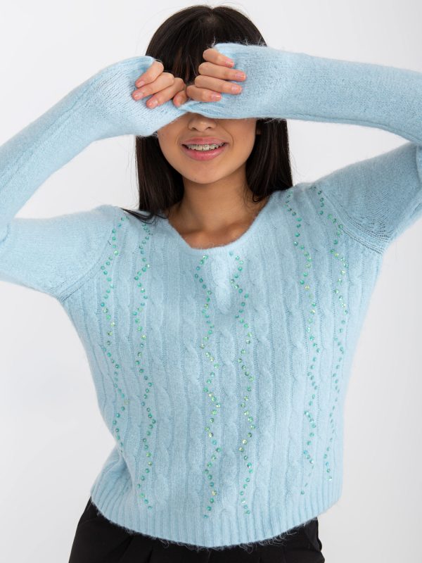 Wholesale Light blue women's classic sweater with braids