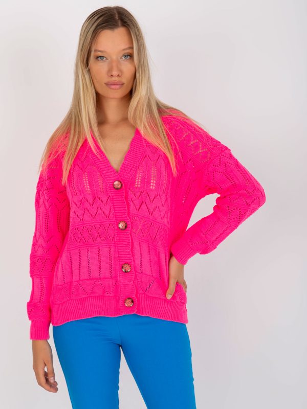 Wholesale Fluo pink openwork summer sweater with buttons RUE PARIS