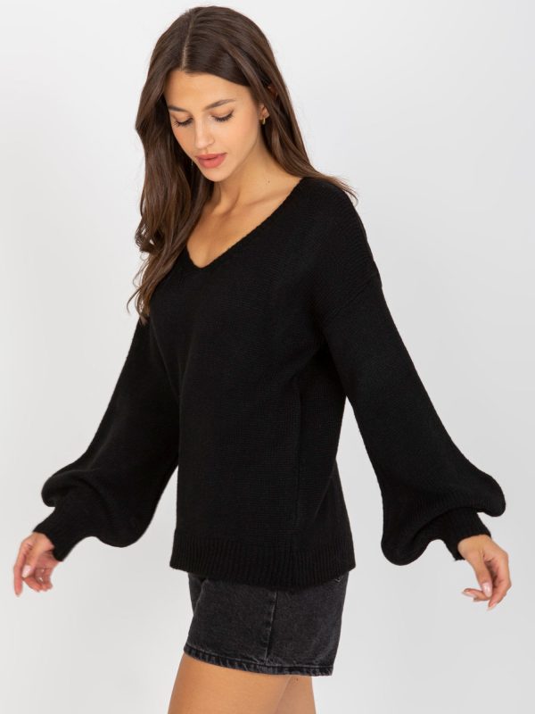 Wholesale Black V-neck sweater with wide sleeves OCH BELLA