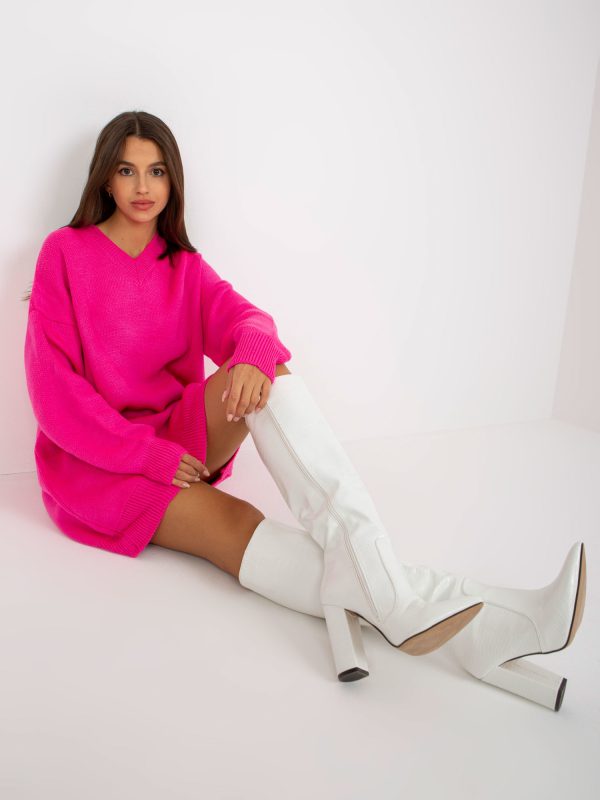 Wholesale Fluo pink V-neck knitted dress RUE PARIS