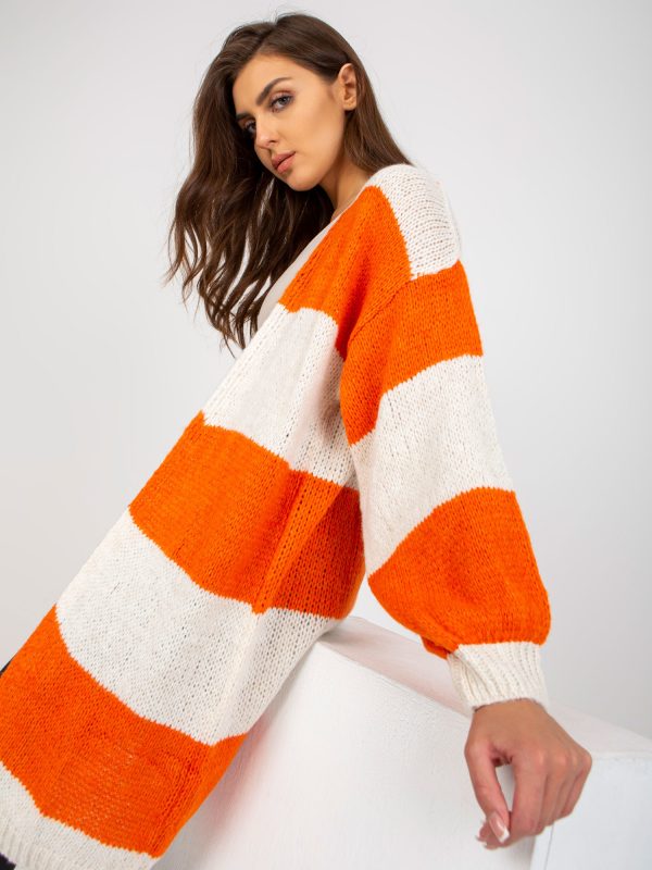 Wholesale Ecru-orange knitted cardigan with stripes OCH BELLA