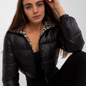 Wholesale Black double-sided short quilted jacket with hood