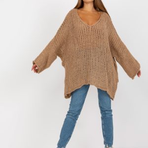 Wholesale Dark beige oversized V-neck sweater OCH BELLA