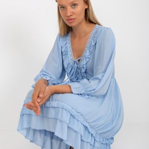 Wholesale Light blue mini dress with flounce in boho style OCH BELLA