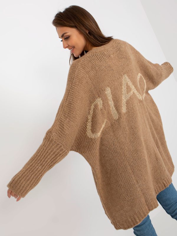 Wholesale Dark beige knitted cardigan with inscription on the back OCH BELLA