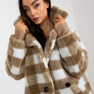 Wholesale Beige and White Women's Plaid Fur Coat