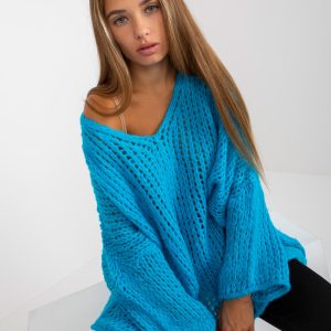 Wholesale Blue oversized sweater with wide sleeves OCH BELLA