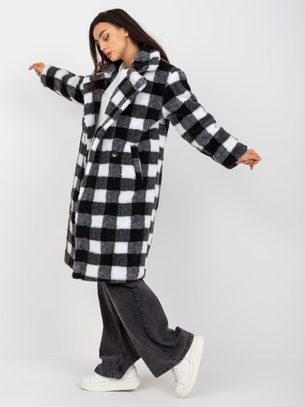 Wholesale Black and White Women's Plaid Fur Coat with Pockets