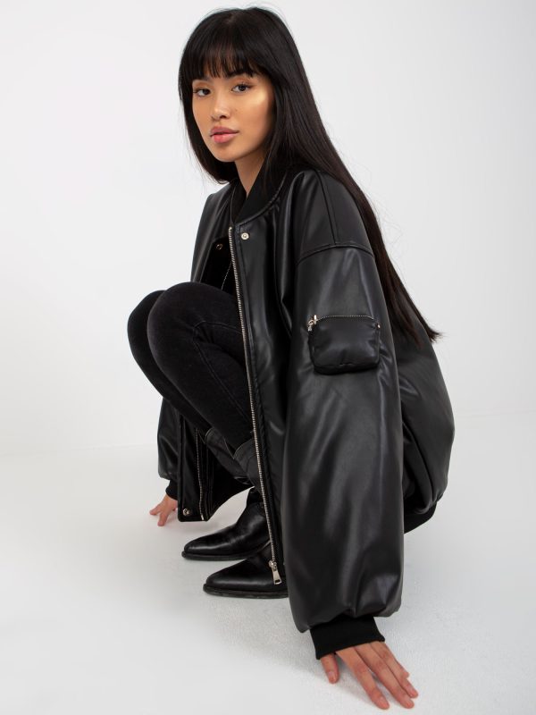 Wholesale Black bomber jacket made of eco leather with pockets