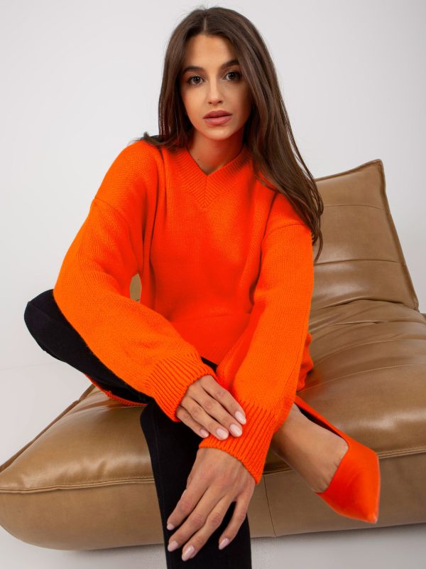 Wholesale Orange knitted dress with V neckline RUE PARIS