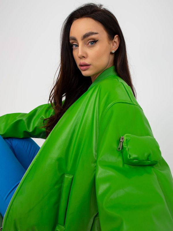 Wholesale Light green transitional bomber jacket made of eco leather