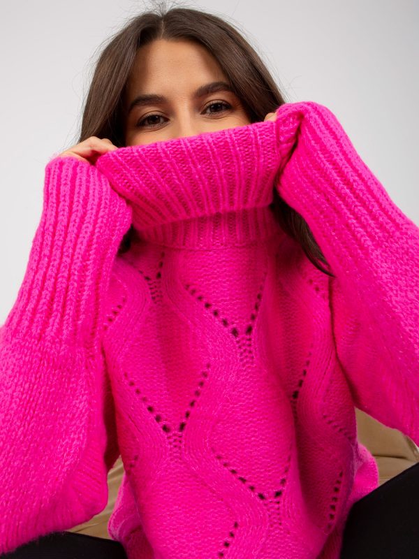 Wholesale Fluo pink loose turtleneck sweater in openwork pattern RUE PARIS