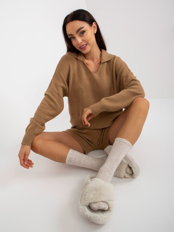 Wholesale Camel knitted casual set with shorts