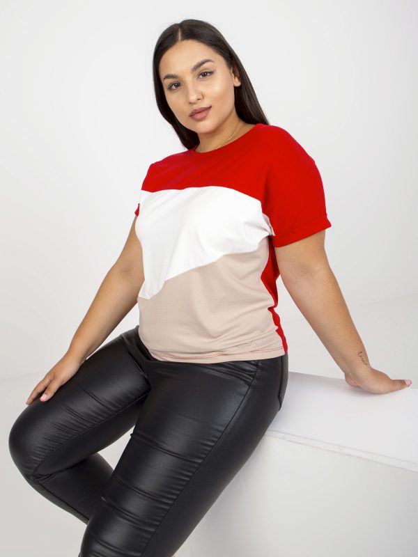 Wholesale Red and beige plus size t-shirt with round neckline