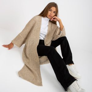 Wholesale Beige long openwork cardigan with slits OCH BELLA