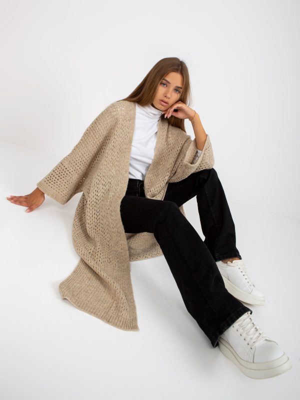 Wholesale Beige long openwork cardigan with slits OCH BELLA