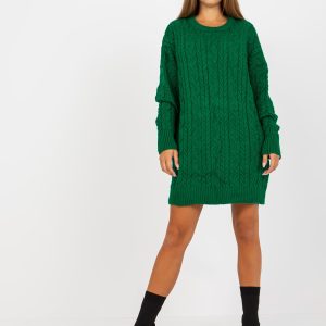 Wholesale Green long sweater with braids and round neckline RUE PARIS