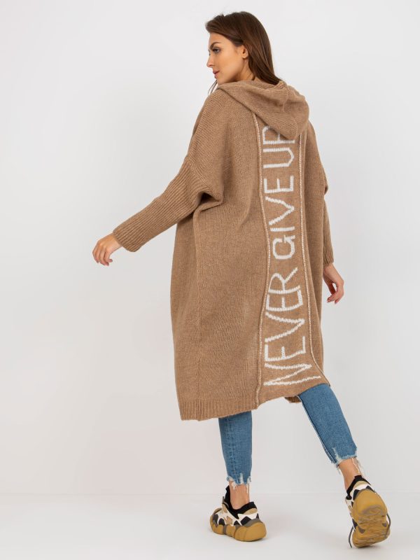 Wholesale Dark beige knitted cardigan with hood OCH BELLA