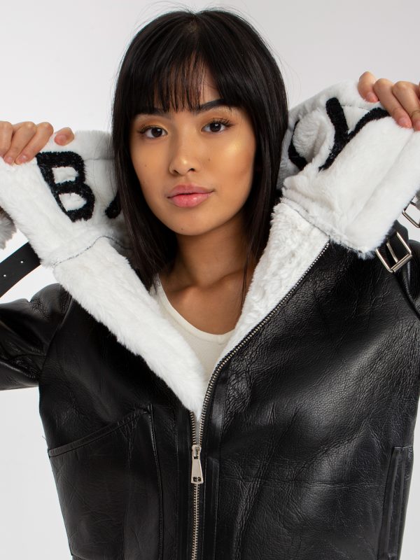 Wholesale Black women's jacket in eco-leather with fur and collar