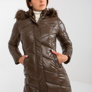 Wholesale Dark Brown Patent Down Jacket Winter Hooded