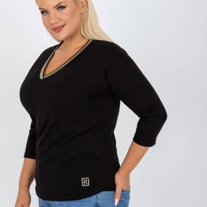 Wholesale Black Plus Size Cotton Blouse with V Neck