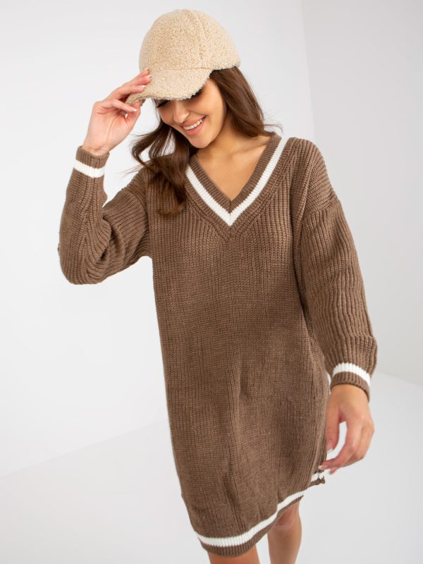 Wholesale Brown Loose V Neck Knitted Dress RUE PARIS