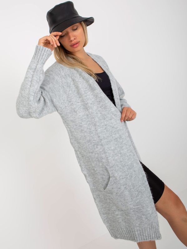 Wholesale Light gray long cardigan with pockets RUE PARIS