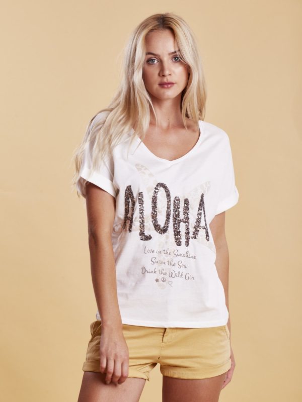 Wholesale T-shirt with sequin lettering white