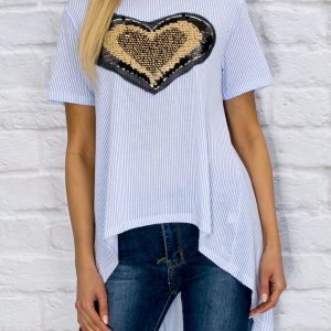 Wholesale Light blue striped blouse with sequin applique