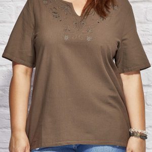 Wholesale Shirt blouse with embroidered pattern brown PLUS SIZE