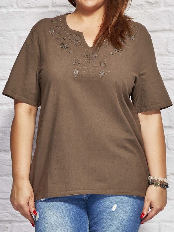 Wholesale Shirt blouse with embroidered pattern brown PLUS SIZE