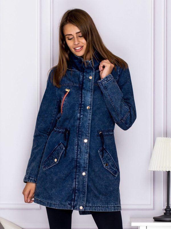 Wholesale Denim parka with colorful zippers blue