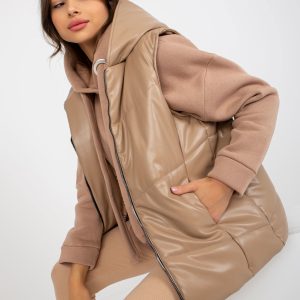 Wholesale Camel down eco leather vest with hood