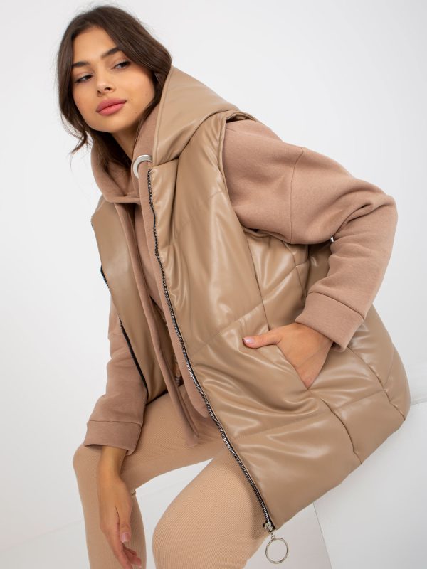 Wholesale Camel down eco leather vest with hood