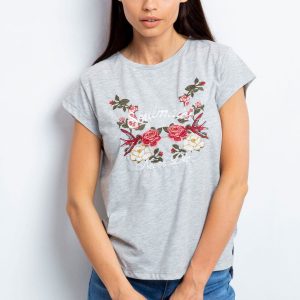 Wholesale T-shirt with embroidered flower print grey