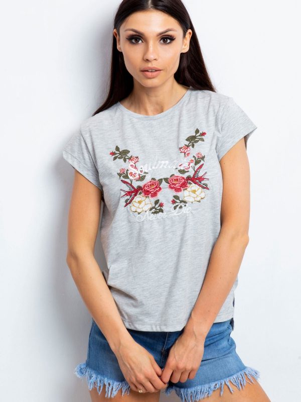 Wholesale T-shirt with embroidered flower print grey