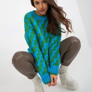 Wholesale Blauer und grüner lockerer klassischer Pullover mit Mustern