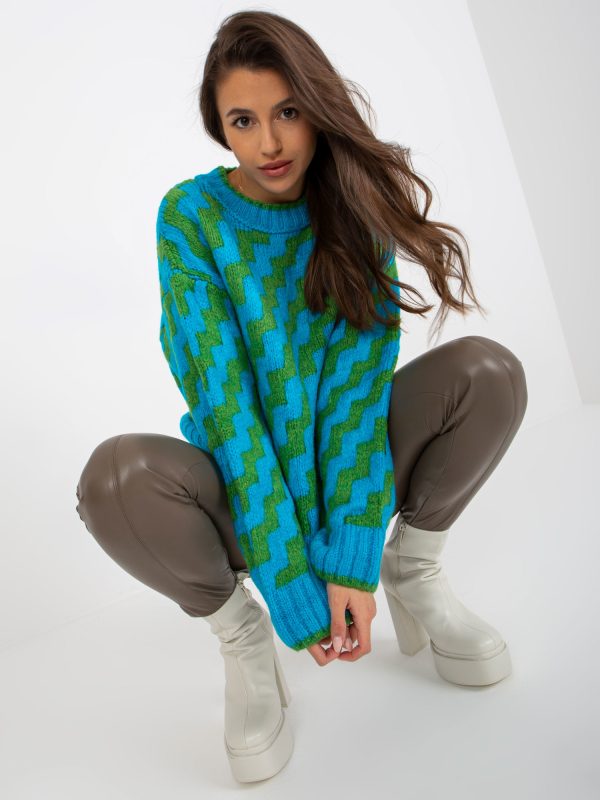 Wholesale Blauer und grüner lockerer klassischer Pullover mit Mustern