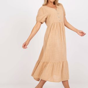 Wholesale Camel Long Cotton Ruffle Dress Eseld OCH BELLA