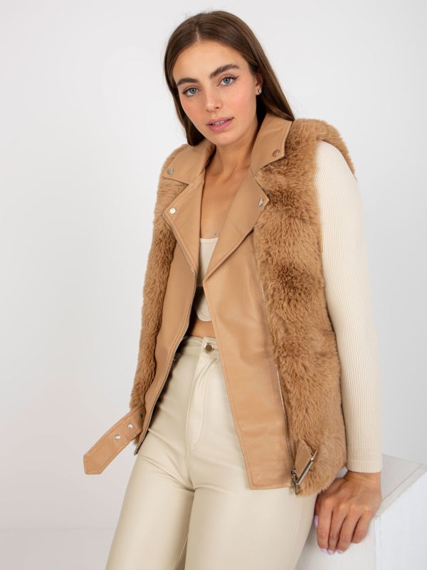 Wholesale Camel Beige Women's Eco Leather Vest with Fur