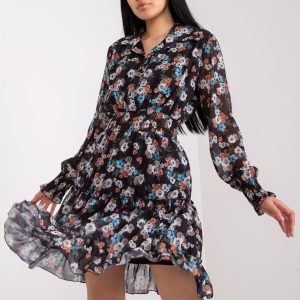 Wholesale Women's Black Mini Dress with Floral Print and Ruffle