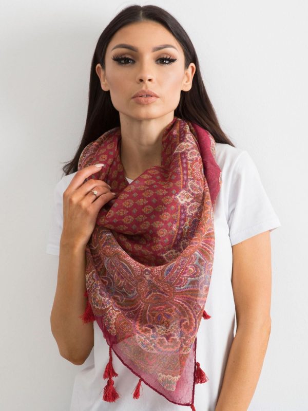 Wholesale Burgundy scarf with print and fringes