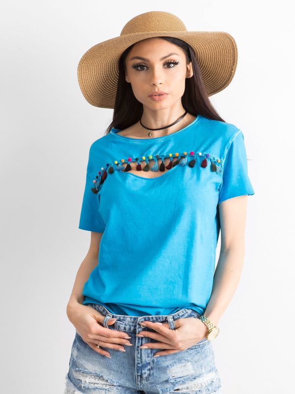 Wholesale Women's T-shirt with colorful pompoms blue