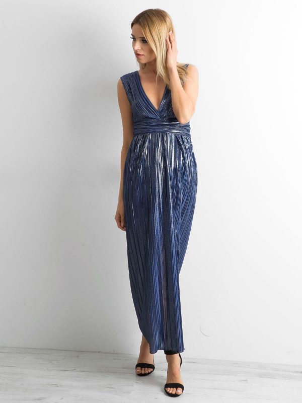 Wholesale Dark Blue Pleated Maxi Dress