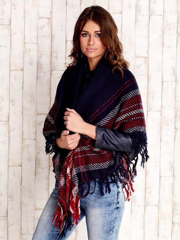 Wholesale Navy blue and red knitted scarf with fringes