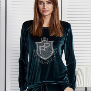 Wholesale Dark green velvet sweatshirt with coat of arms of rhinestones