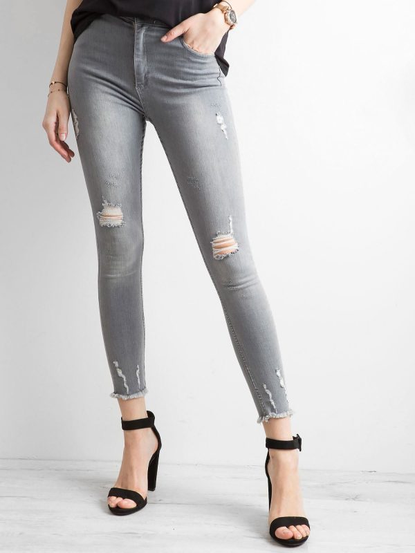 Wholesale Grey high waist jeans with abrasions