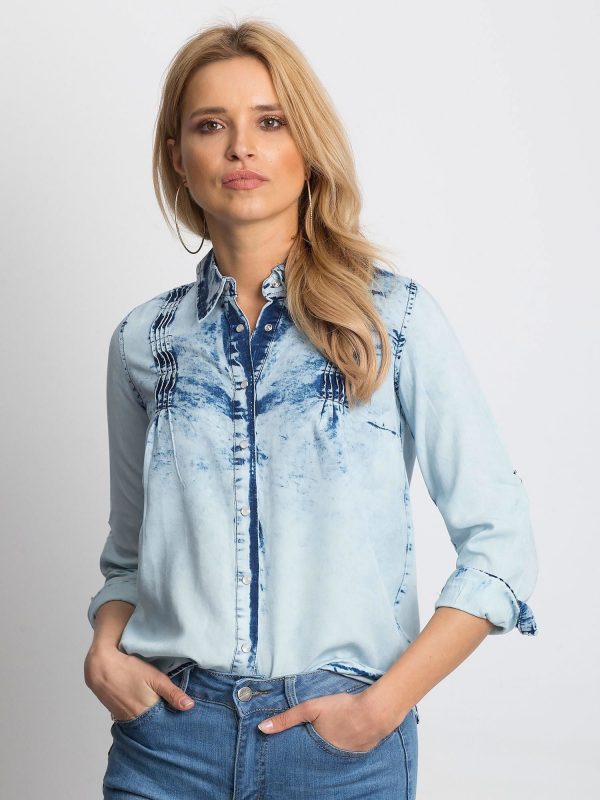 Wholesale Blue denim shirt with roll-up sleeves